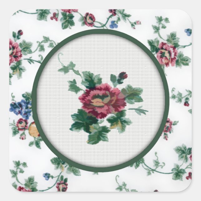 Rose Kreuzstickerstich Quadratischer Aufkleber (Vorderseite)