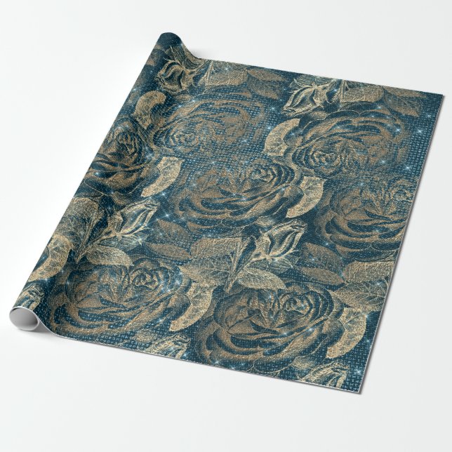 Rose Kupfer Orange Blumenholz Aquamarines Gold Fun Geschenkpapier (Ungerollt)