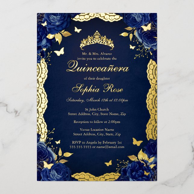 Rose Lace Butterfly Navy Quinceanera Geburtstag Folieneinladung (Vorderseite)