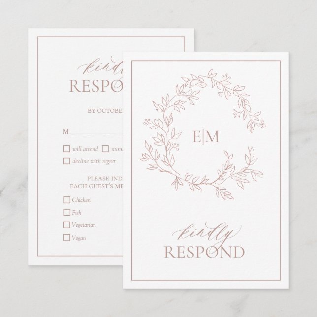Rose-Leafy-Wappen-Monogram-RSVP-Karte RSVP Karte (Vorne/Hinten)