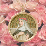 Rose Lima (BK 020) Vergoldete Kette<br><div class="desc">Image Credit (BK 020): Antiquitätenbild der St. Rose Lima aus einem chromolithographischen Wandbild mit goldenen Akzenten aus dem späten 19. Jahrhundert (Dominikanische Serie, Nr. 10), das ursprünglich von B. Kühlen in Mönchengladbach, Deutschland, aus der privaten Sammlung religiöser Ephemerien stammt. Feste: August 23</div>