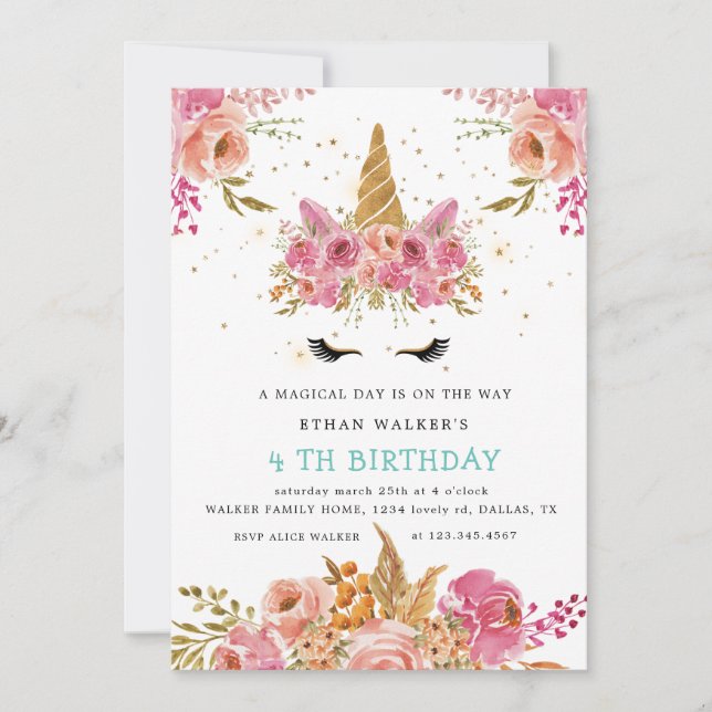 rose magique blush licorn Anniversaire Invitation (Devant)