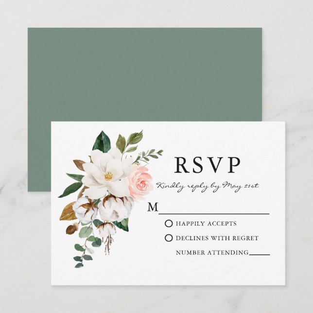 Rose Magnolias Hochzeitssage Grün RSVP Karte (Vorne/Hinten)