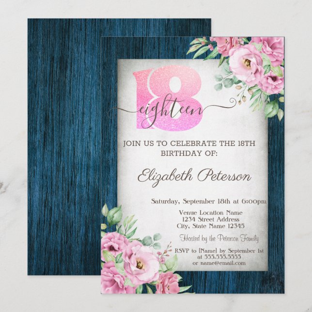 Rose Marine Bleu Bois 18e anniversaire Invitation (Devant / Derrière)