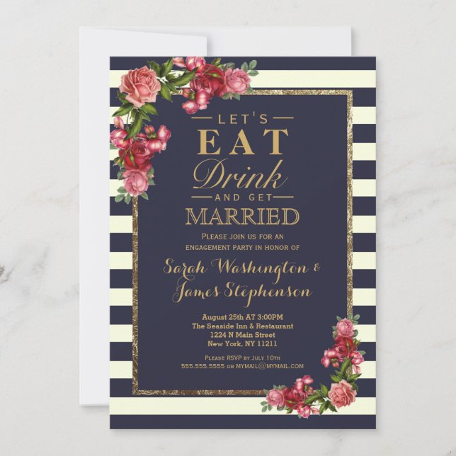 Rose Marinestreifen und Gold Engagement Einladung (Vorderseite)