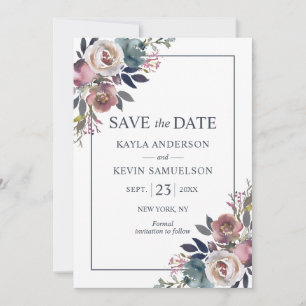 Rose Mauve Navy Blue Floral Dusty Save The Date
