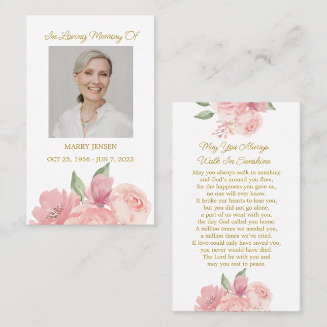 Rose Memorial Photo Funeral Prayer Card Visitenkarte (Vorne/Hinten)
