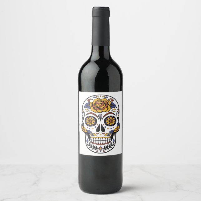 Rose Mexican Sugar Skull Day of the Dead Weinetikett (Vorderseite)