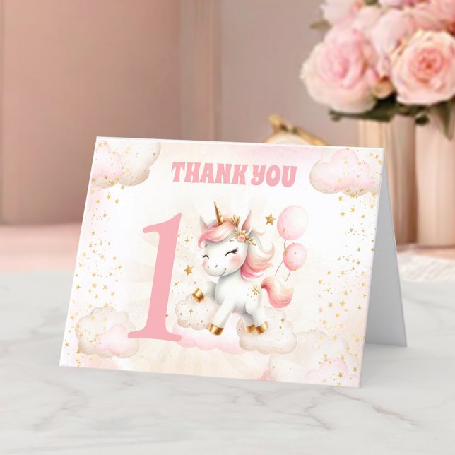 Rose mignonne Unicorn fille 1er anniversaire Carte (Pink Cute Unicorn Girl 1st Birthday Thank You Card)