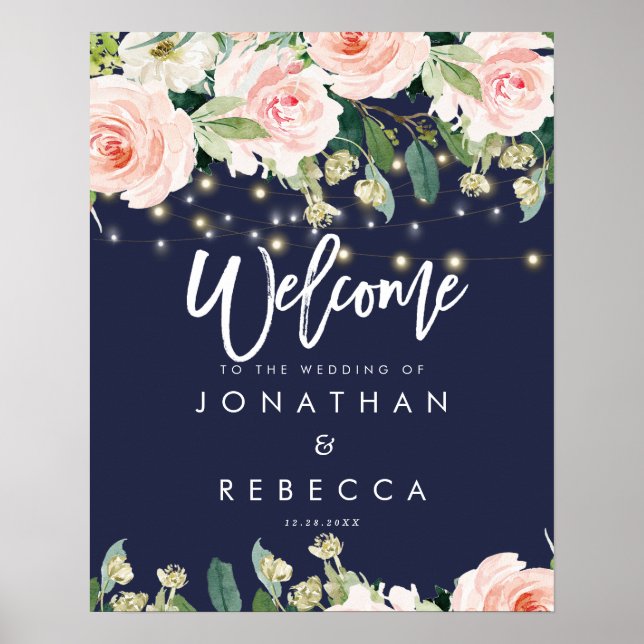 Rose mit Blumen und Marineblockaden Hochzeitsempfa Poster (Vorne)