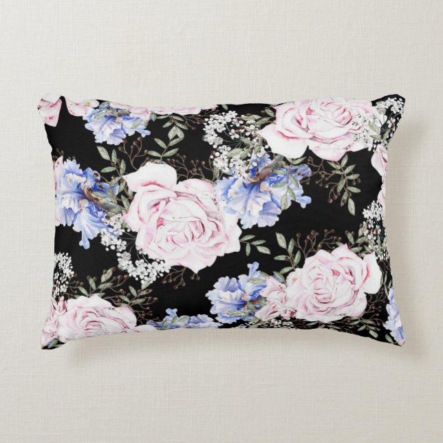 Rose mit Blumenmuster Iris Pink Blau Dekokissen (Vorderseite)