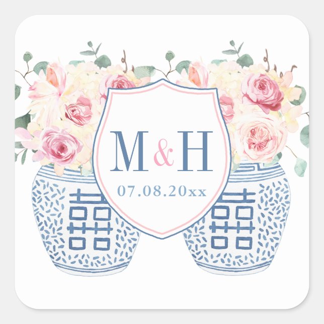 Rose mit dem Hochzeitslogo in Rosa und Chinoiserie Quadratischer Aufkleber (Vorderseite)