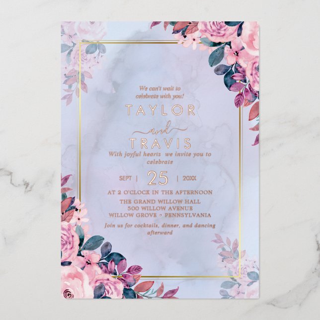 Rose mit floraler Romantik Folieneinladung (Vorderseite)