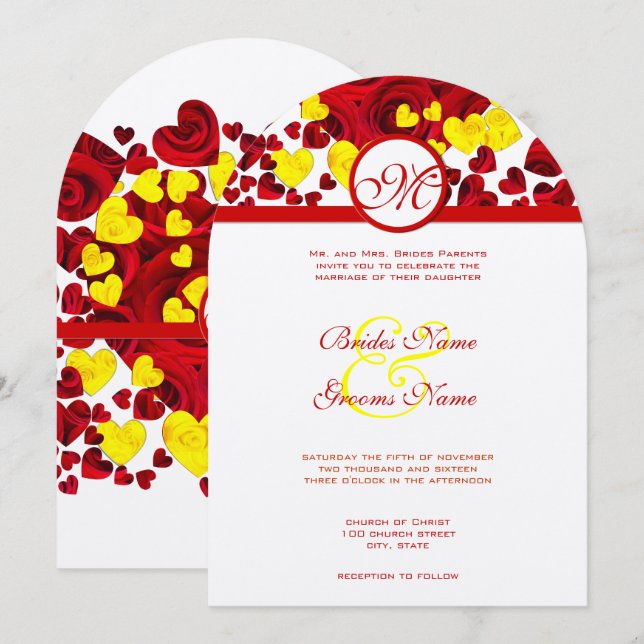 Rose mit gelbem und rotem Herz laden zu Hochzeiten Einladung (Vorne/Hinten)
