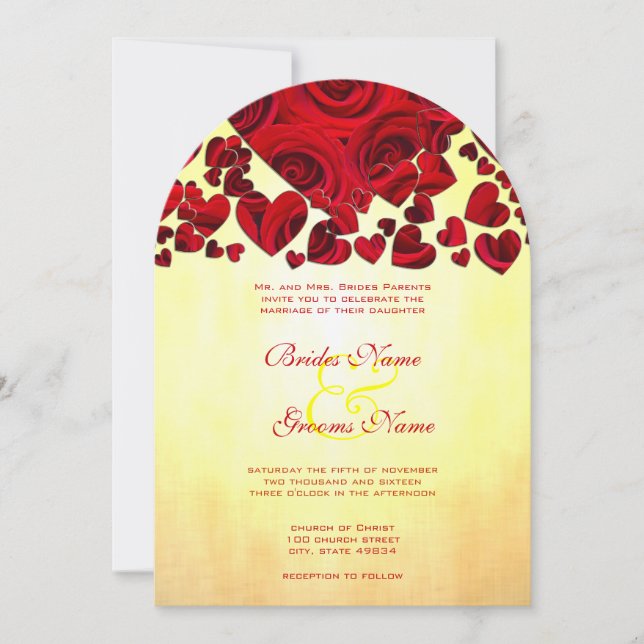 Rose mit gelbem und rotem Herz laden zu Hochzeiten Einladung (Vorderseite)