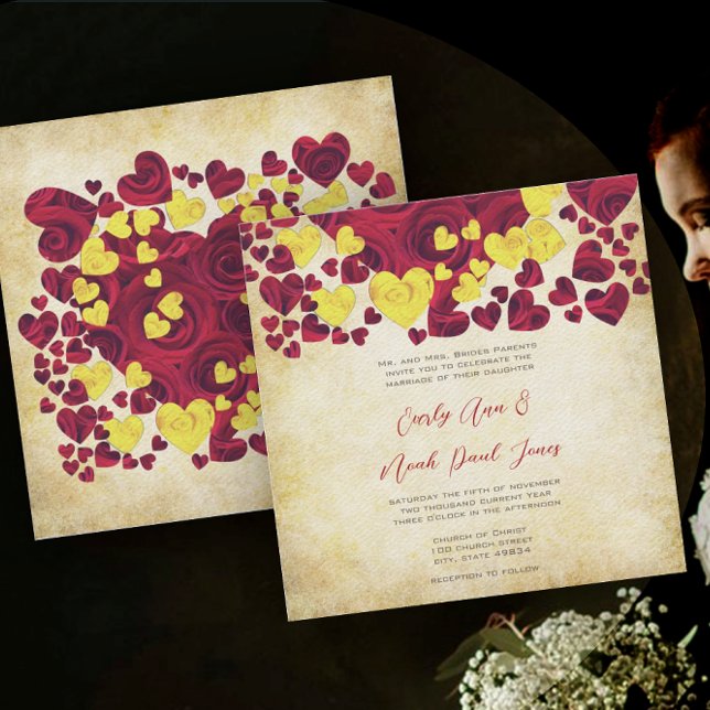 Rose mit gelbem und rotem Herz laden zu Hochzeiten Einladung (Von Creator hochgeladen)