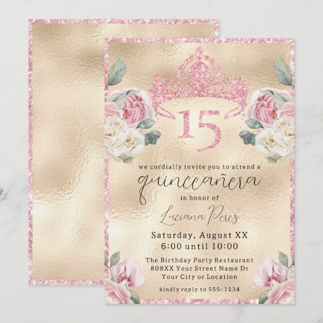 Rose mit Glitzer Tiara auf Gold Quinceñera Einladung (Vorne/Hinten)
