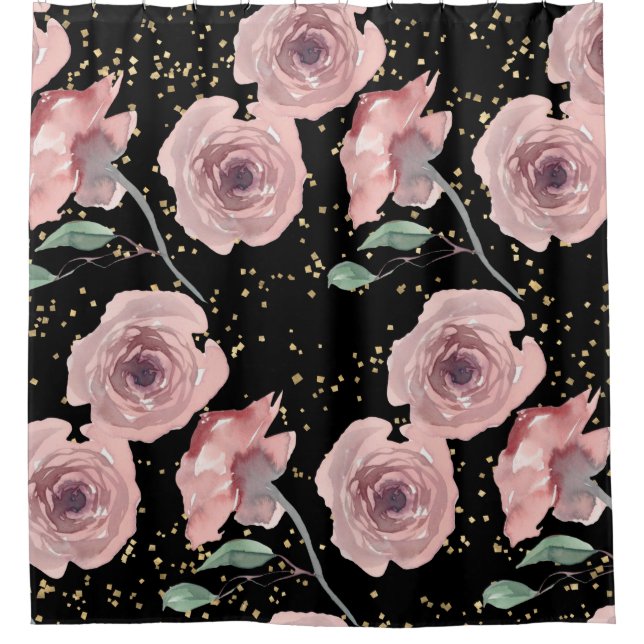 Rose mit goldenen Glitzern in Schwarz Duschvorhang (Vorderseite)