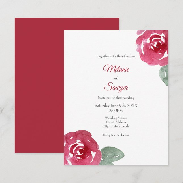 Rose mit handgemalten rosa Wasserfarben Einladung (Vorne/Hinten)
