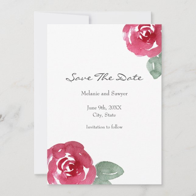 Rose mit handgemalten rosa Wasserfarben Save The Date (Vorderseite)