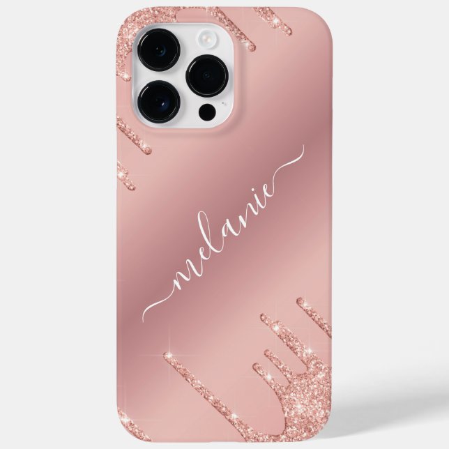 Rose mit personalisiertem Namen Gold Blush Glitzer Case-Mate iPhone 14 Pro Max Hülle (Rückseite)