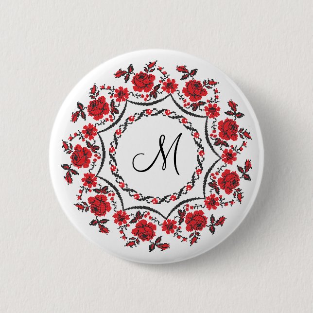 Rose mit Personalisierter Monogramm Button (Vorderseite)