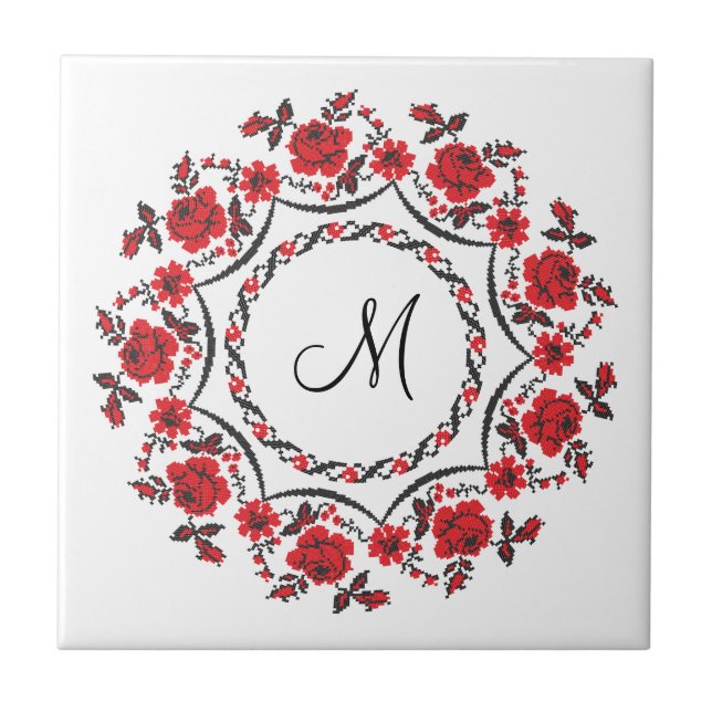 Rose mit Personalisierter Monogramm Fliese (Vorderseite)