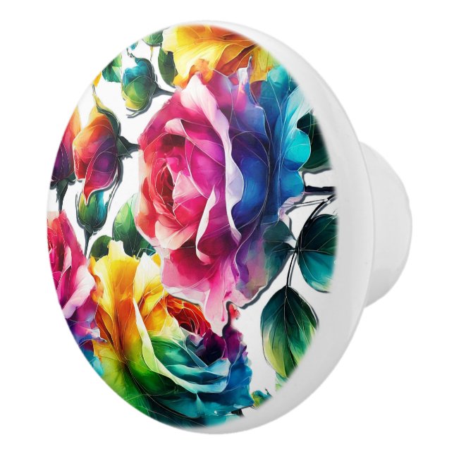 Rose mit Regenbogen Lebhafte farbenfrohe Blüte Keramikknauf (Rechts)