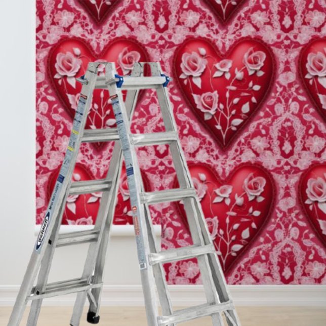 Rose mit rosa Hörnchen Tapete (Pink Hearts Roses White Lace Peel Stick Wallpaper)