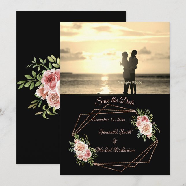 Rose mit Rose Gold Geometric Foto Save the Date (Vorne/Hinten)