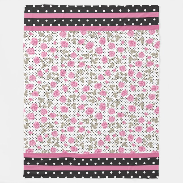 Rose mit schwarzen Polka-Punkten Fleecedecke (Vorderseite)