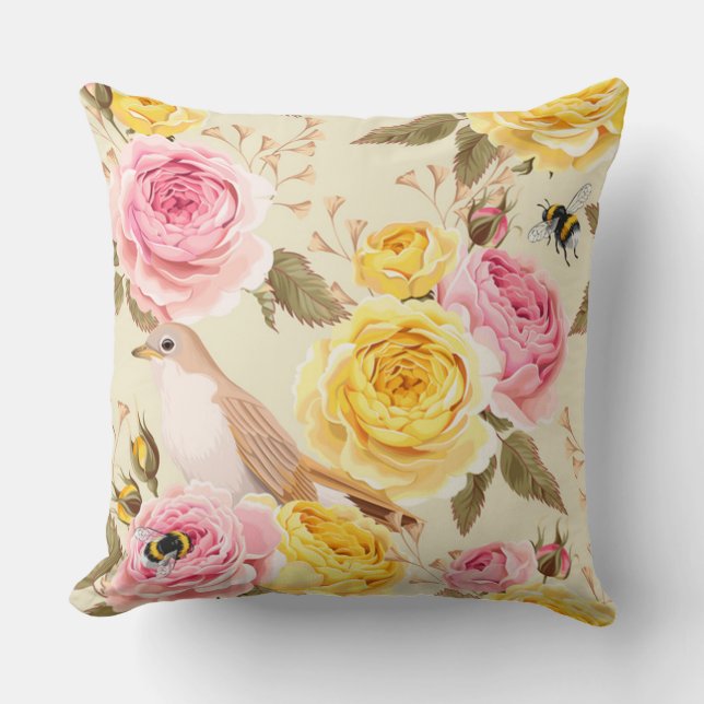 Rose mit Vögeln und Bienen Kissen (Vorderseite)