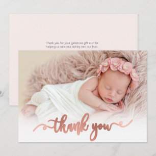 Rose moderne Gold Script Baby Photo Carte de remer