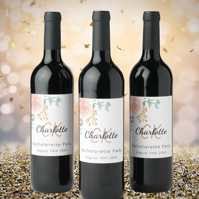 Rose-Monogramm-Junggeselinnen-Abschied Weinetikett (Von Creator hochgeladen)