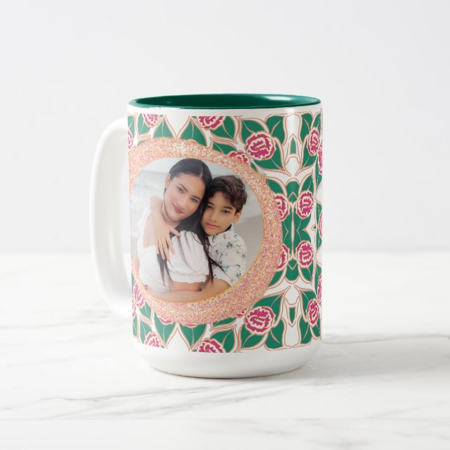Rose Muster mit Glitzer-Rahmen Zweifarbige Tasse (Vorderseite Links)