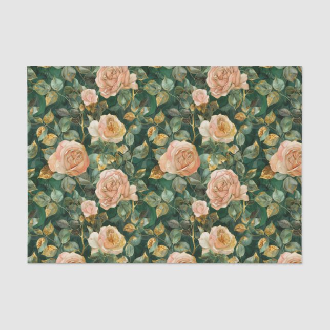 Rose Muster mit grünen Blätter und Goldakzenten Seidenpapier (Vorderseite)
