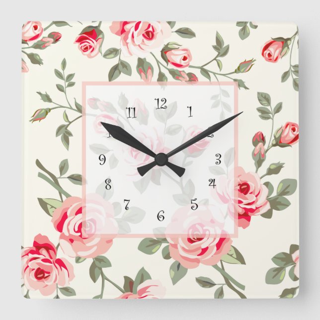 Rose Muster Wandleuchten Quadratische Wanduhr (Vorderseite)