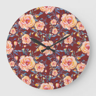 Rose, nahtlos, rotes Hintergrundmuster Große Wanduhr