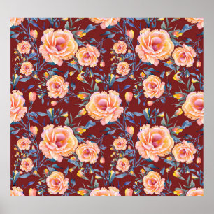 Rose, nahtlos, rotes Hintergrundmuster Poster