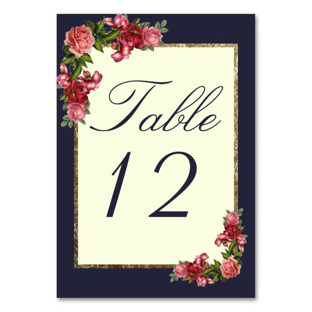 Rose Navy Blue Ivory und Gold Tischnummern (Vorderseite)