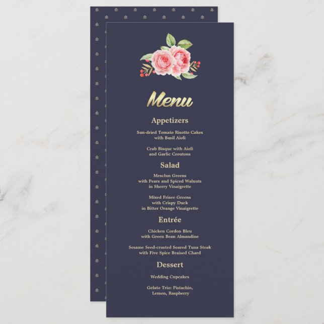 Rose | Navy Blue Wedding Menu Card Menükarte (Vorne/Hinten)