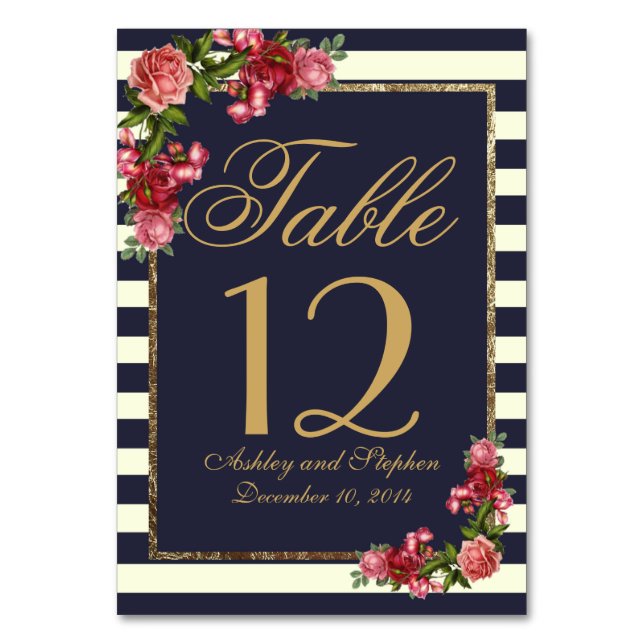 Rose Navy Strips und Gold Tischnummern (Vorderseite)