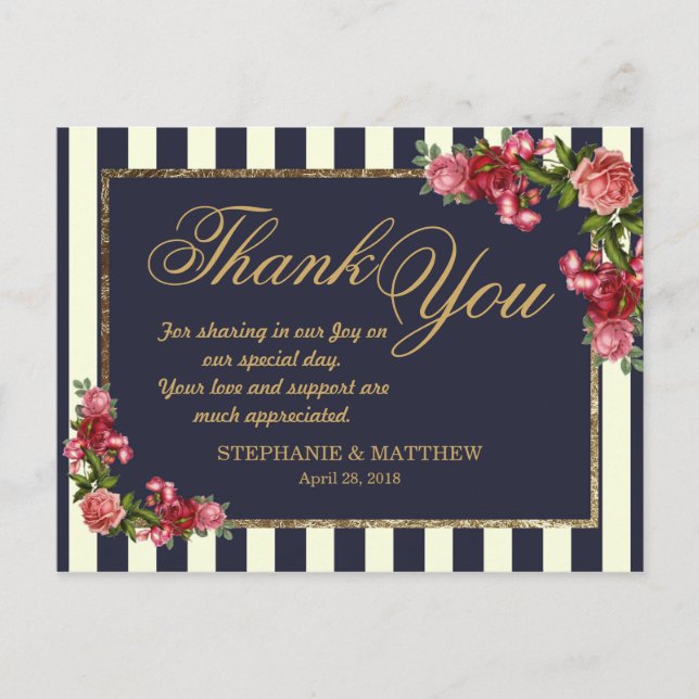 Rose Navy Strips und Gold Vielen Dank Postkarten (Vorderseite)
