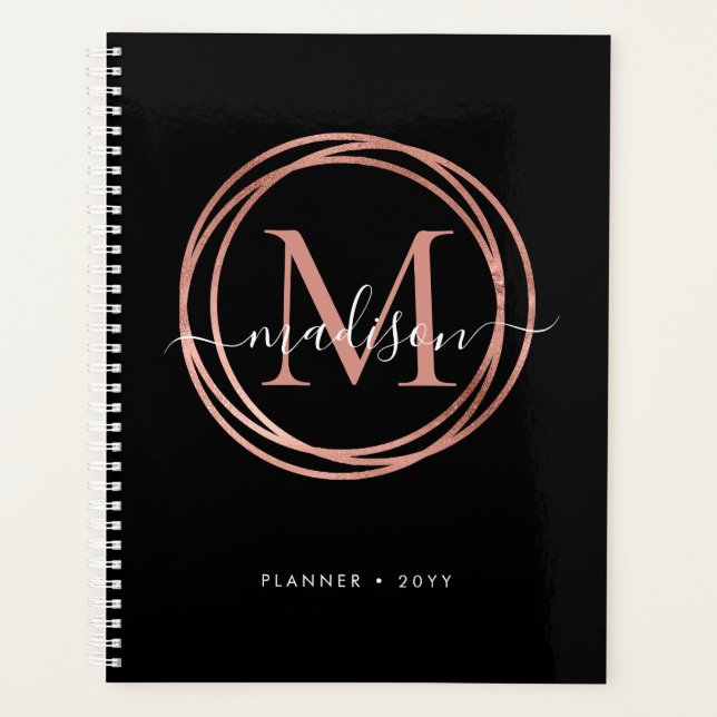 Rose noir moderne or bleu rose Monogramme Cercle (Devant)