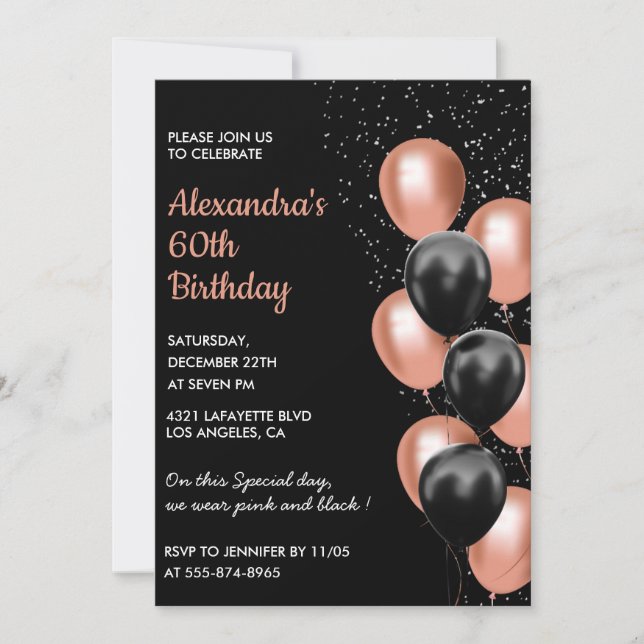 Rose or 60e anniversaire invitation Balloon Black (Devant)