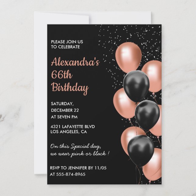 Rose or 66e anniversaire invitation Balloon Black (Devant)