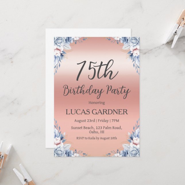 Rose or 75e anniversaire invitations (Devant/Arrière en situation)