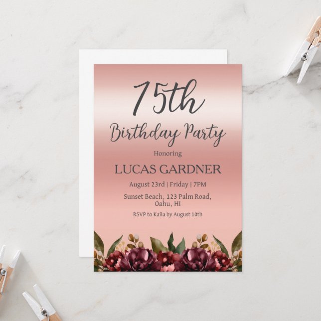 Rose or 75e anniversaire invitations (Devant/Arrière en situation)