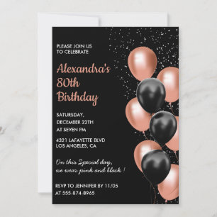 Rose or 80e anniversaire invitation Balloon Black