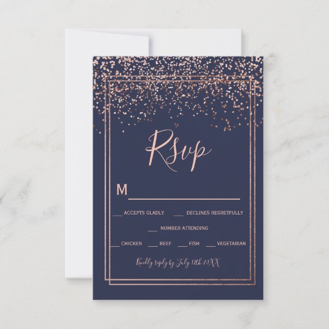 Rose or confetti marine bleu script frontière rsvp (Devant)